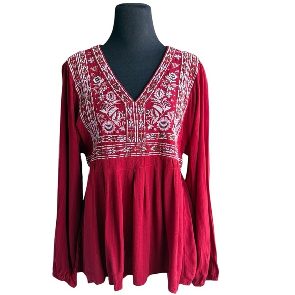 Knox Rose Tops - Knox Rose Red Embroidered Boho Long Sleeve Top Large Cottagecore Babydoll Y2K